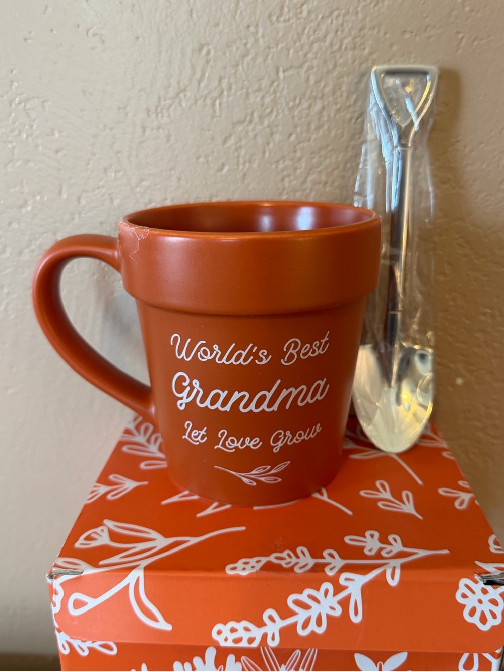 World's Best Grandma Orange Ceramic Planter Mug with Spoon